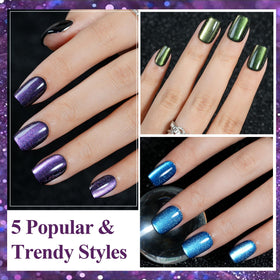 Jofay Fashion arranged nail set displaying five glitter chasing light designs