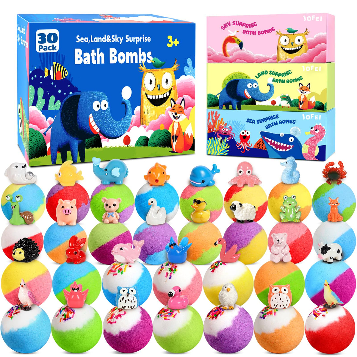 JOFEI front packaging showing ocean land sky themed boxes and cheerful design