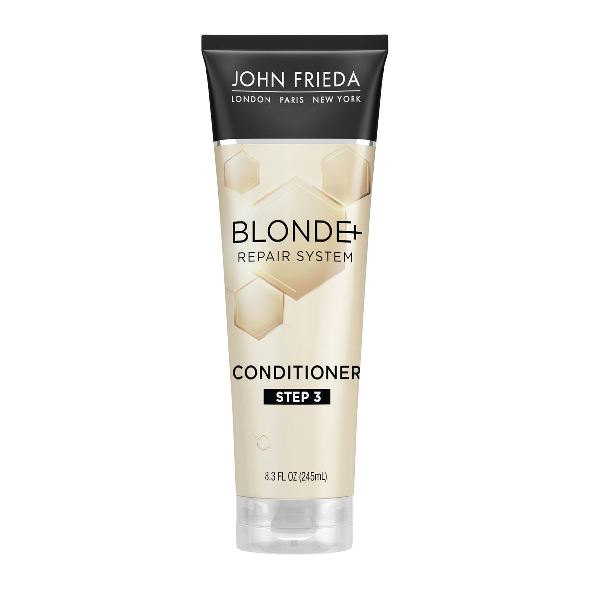 John Frieda front packaging shows product and benefits for restored blonde hair