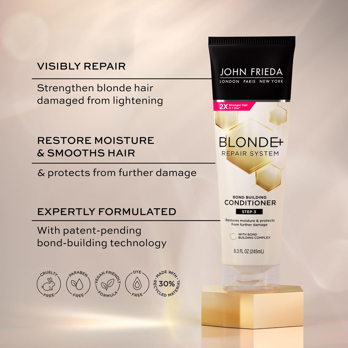 John Frieda pouring conditioner closeup highlights creamy formula for hydration