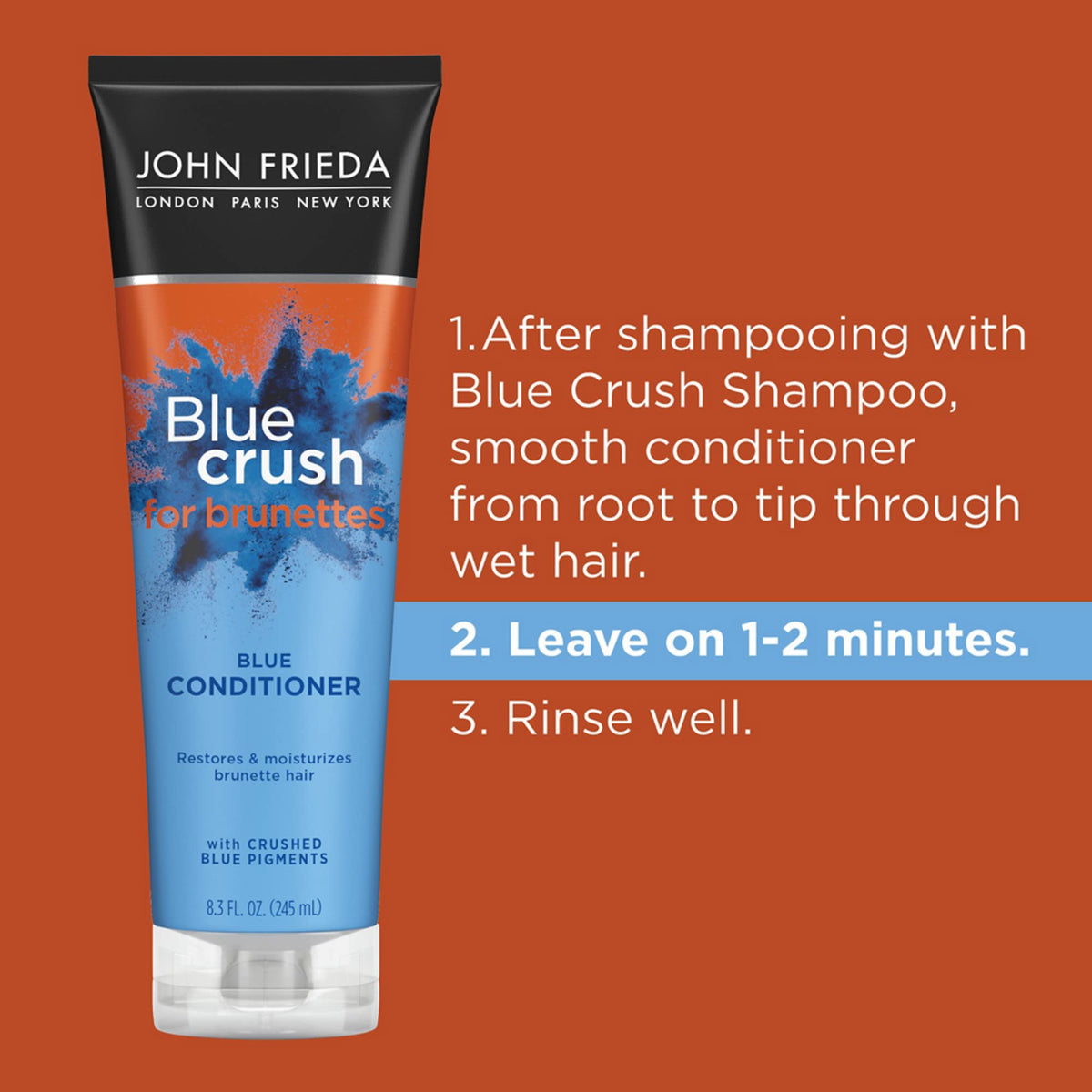 John Frieda after-wash shiny brunette hair showing cooler, vibrant color benefit