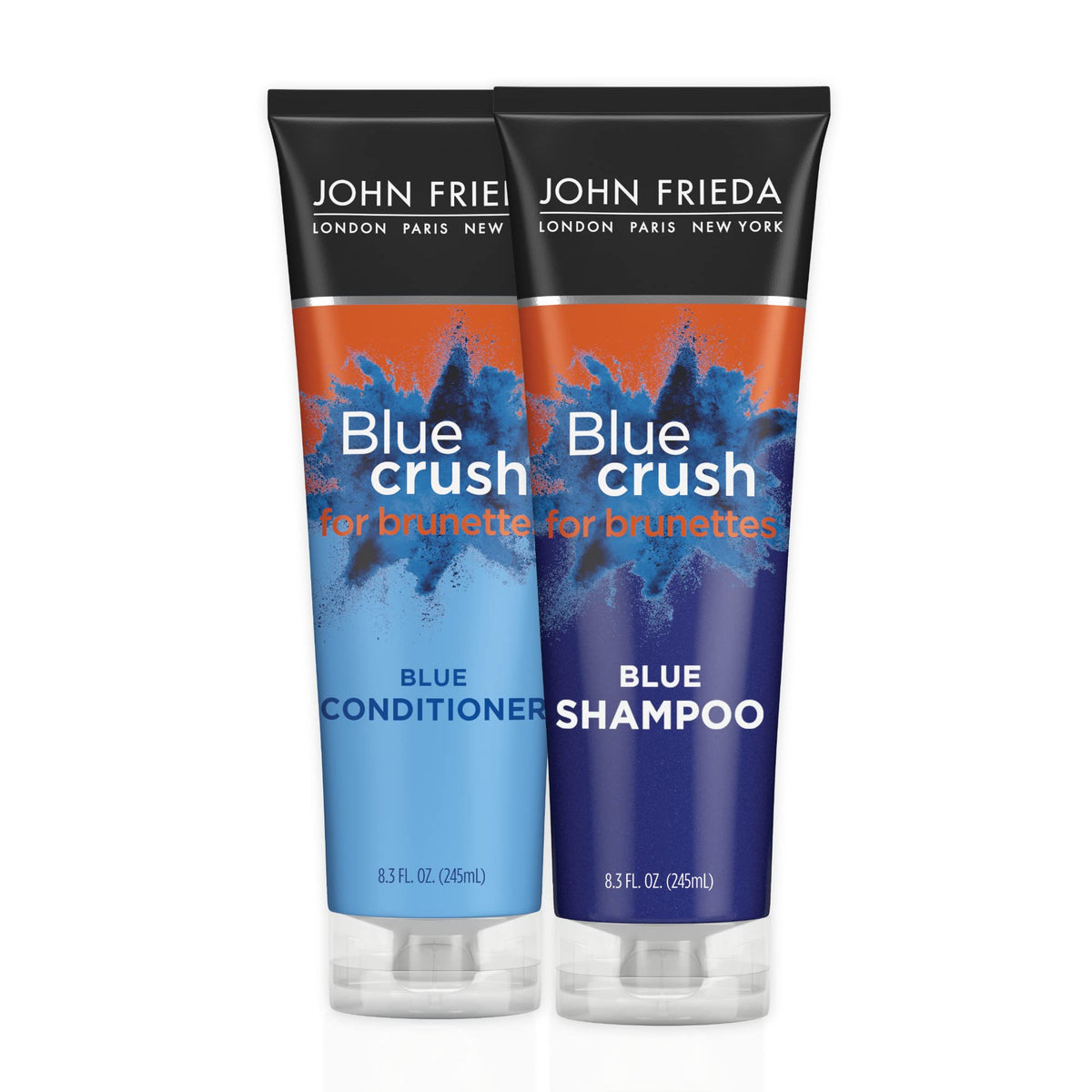 John Frieda front packaging showing Blue Crush set and benefit of brassy neutralizing