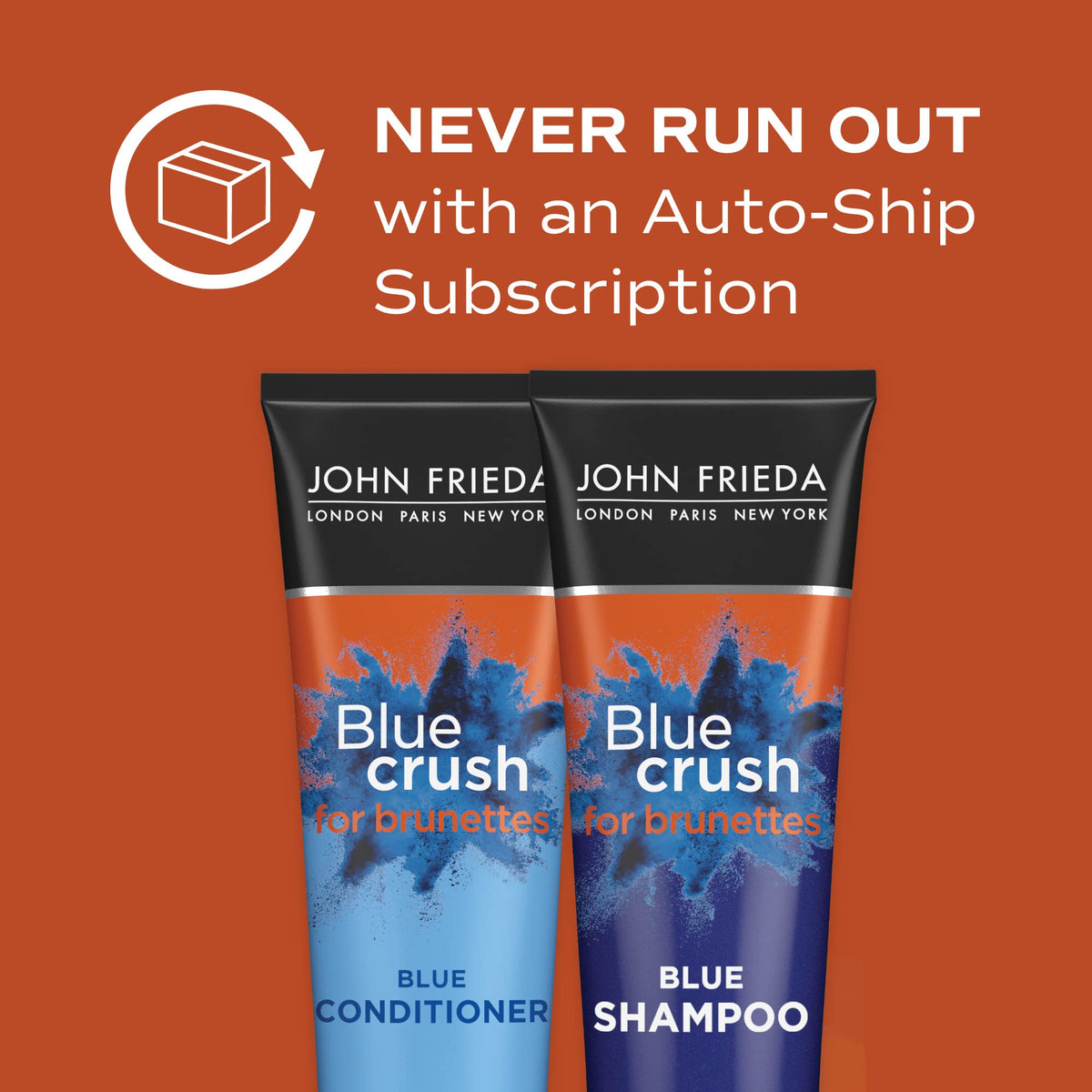 John Frieda Blue Crush displayed in bathroom lifestyle scene for salon-result benefit