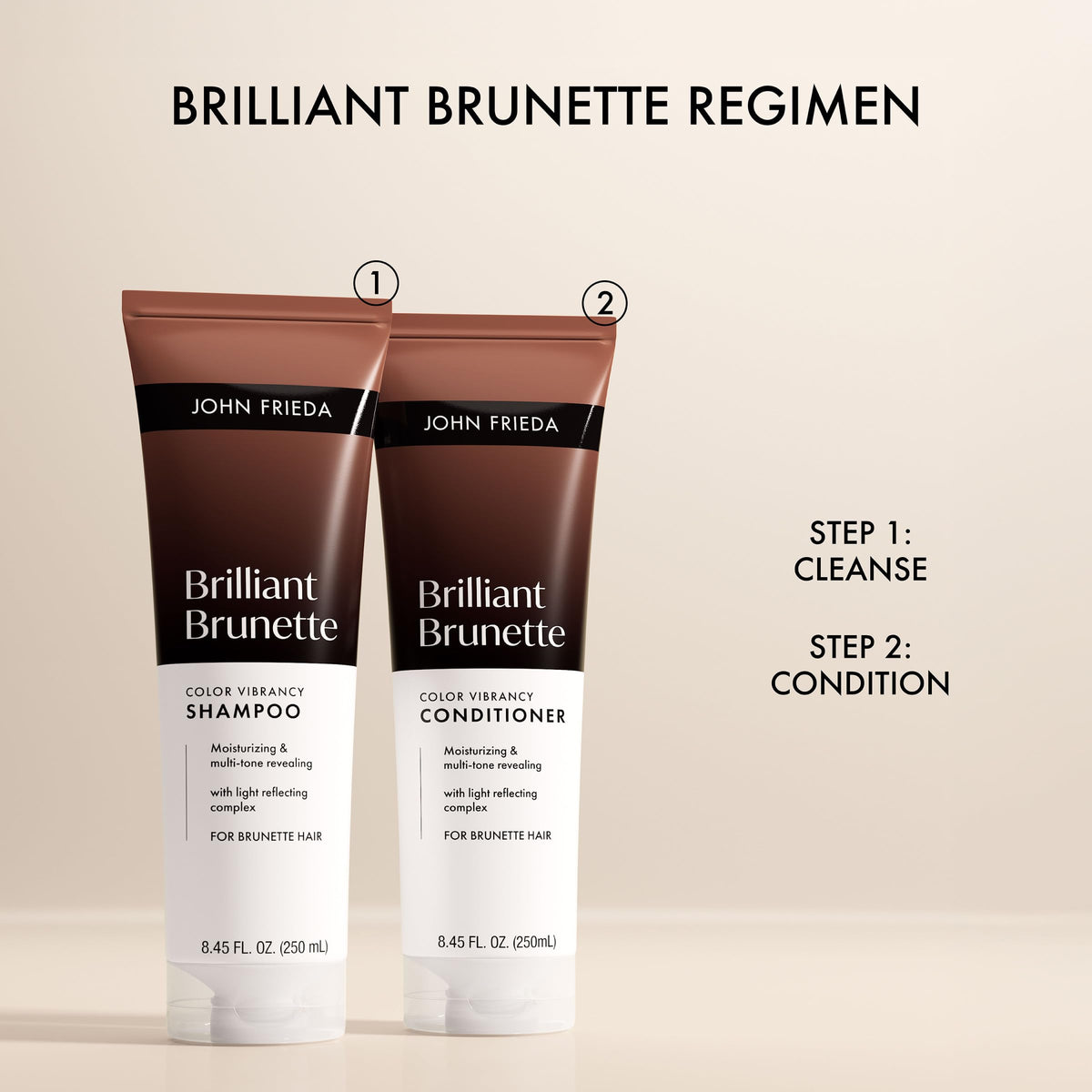 John Frieda bottle paired with shampoo showing coordinated regimen benefit