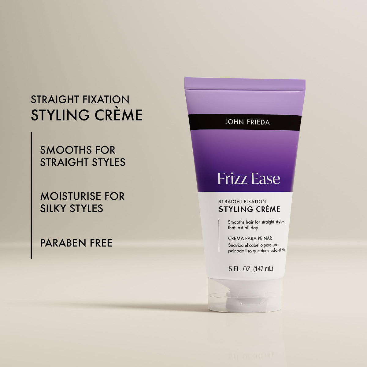 John Frieda application on damp hair for smoother blow-dry