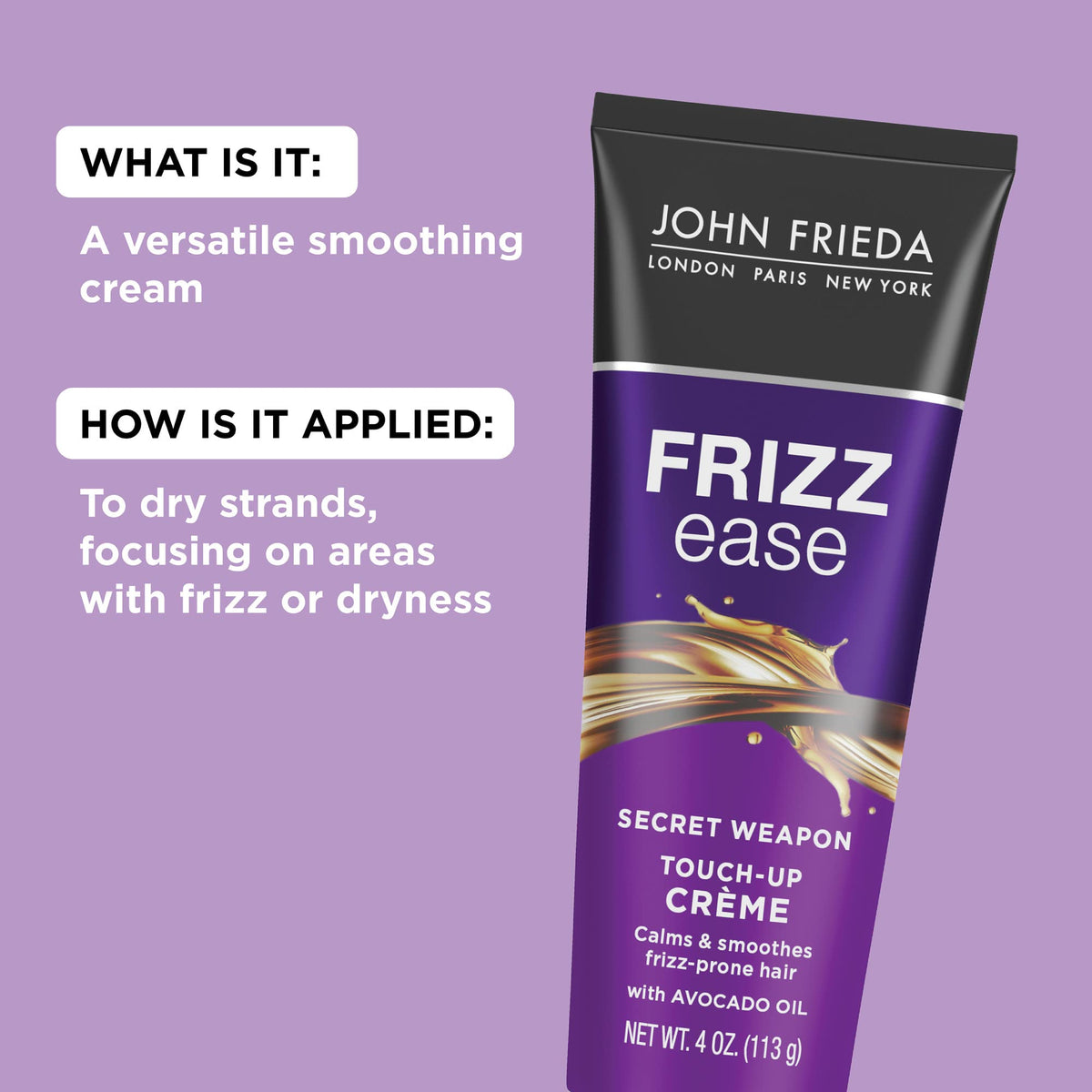 John Frieda dollop on hand demonstrating amount to smooth frizz and control flyaways