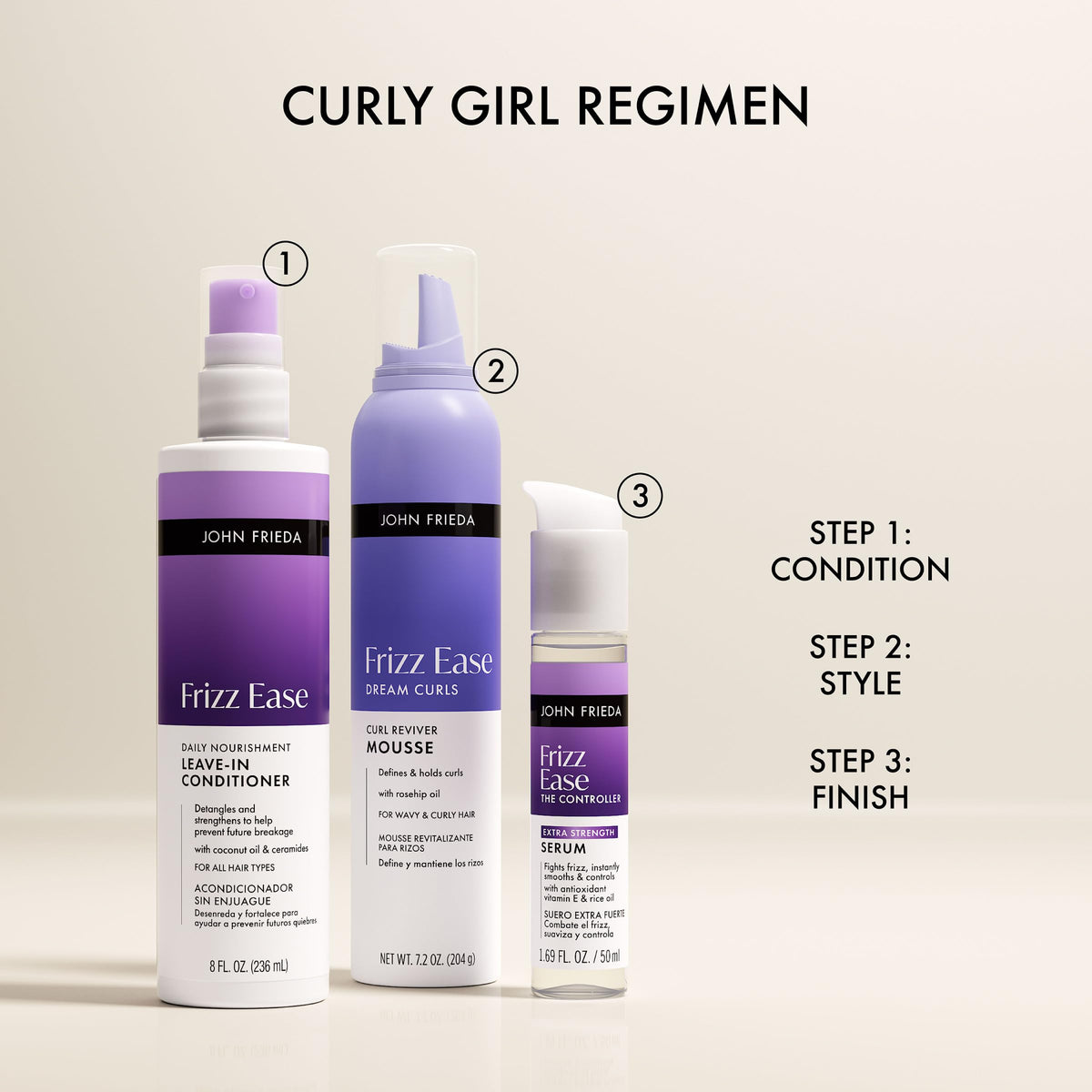 John Frieda mousse on bathroom shelf as everyday styling essential