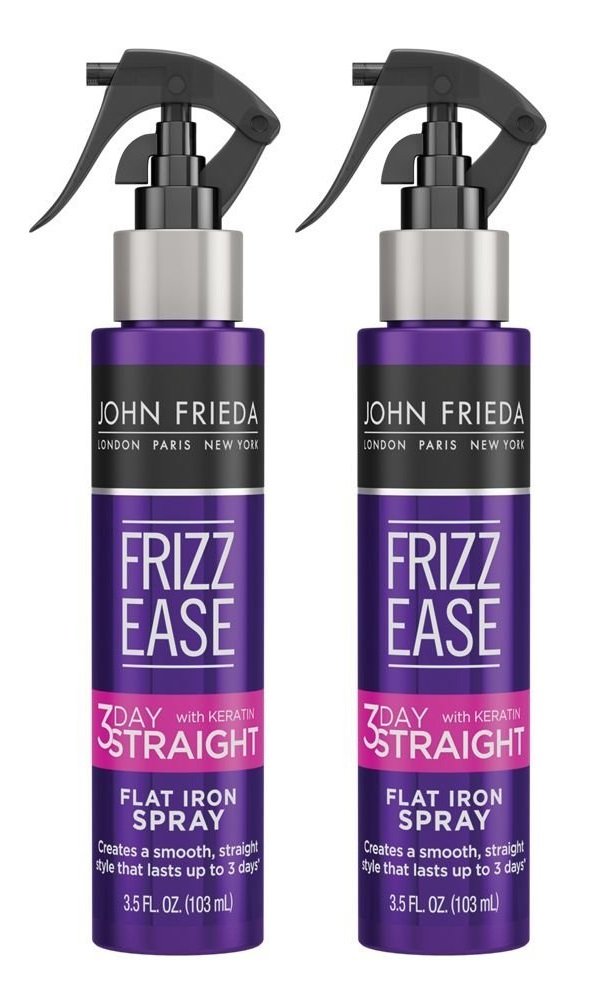 John Frieda bottle front view showing label and straightening spray benefit