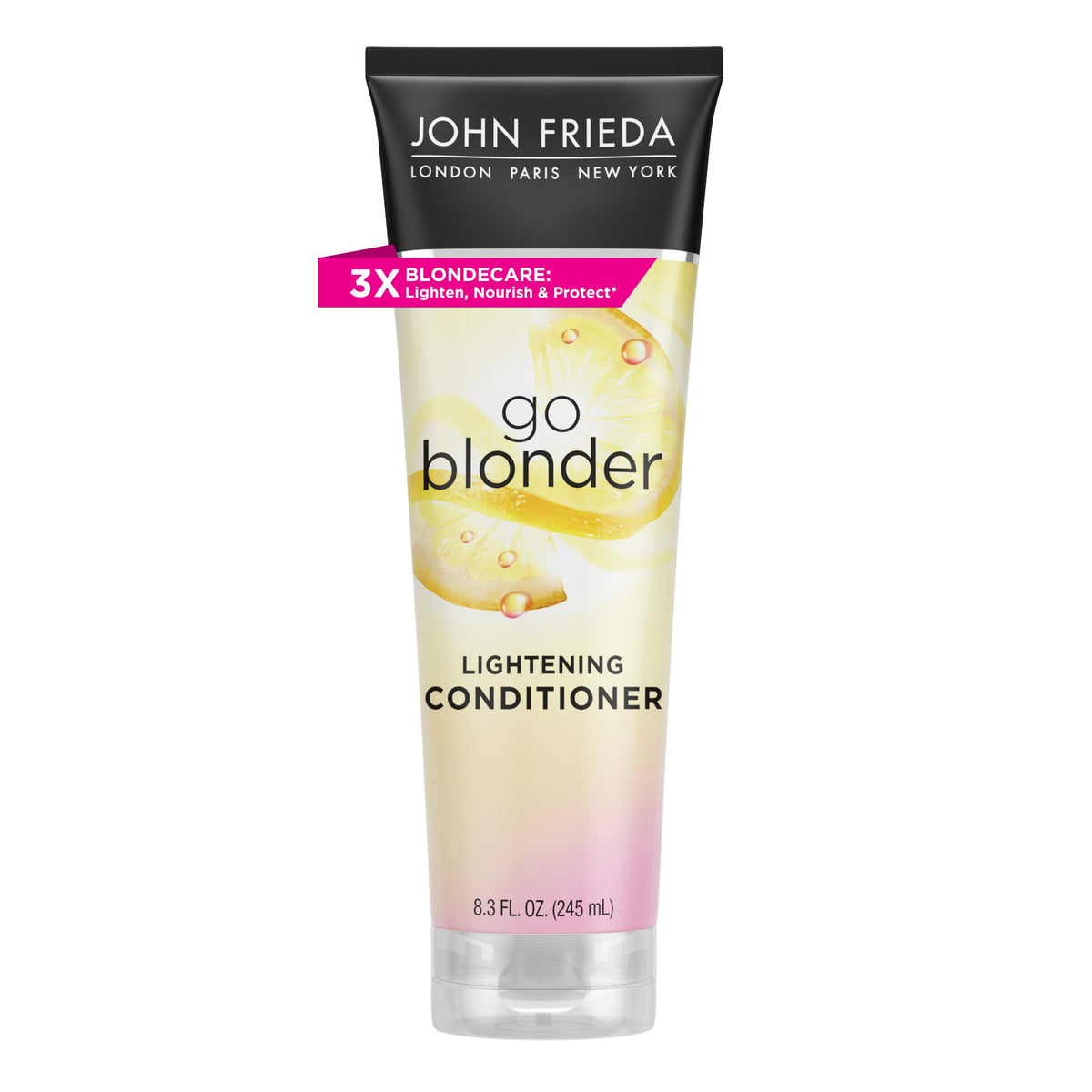 John Frieda front packaging of Go Blonder conditioner showing product benefits