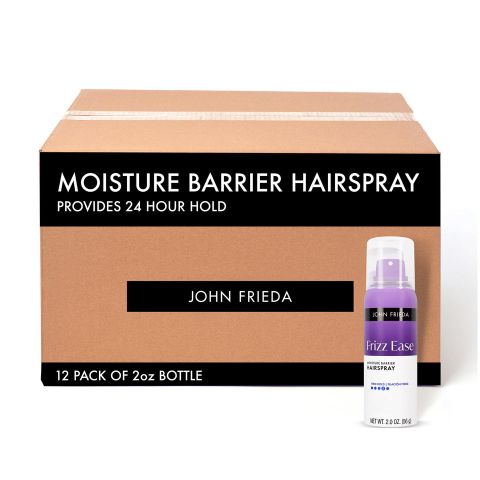 John Frieda front packaging showing 2 oz can and label, boosts humidity protection