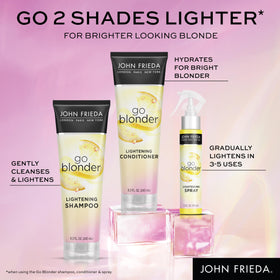 John Frieda before and after hair swatch showing gradual brighter blonde benefit