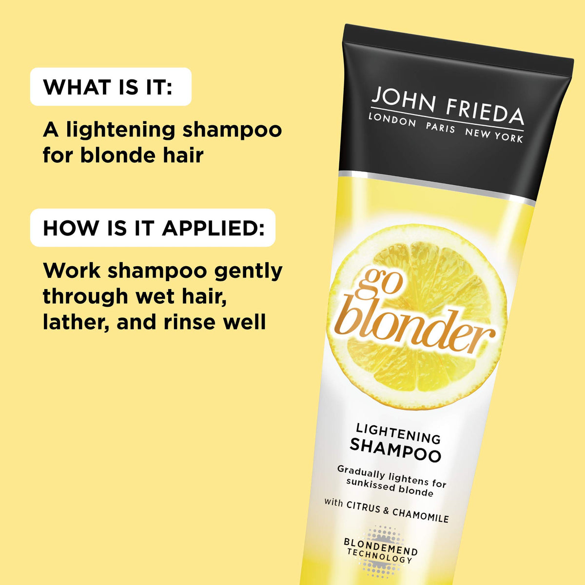 John Frieda Go Blonder bottle close-up highlighting brand and formula