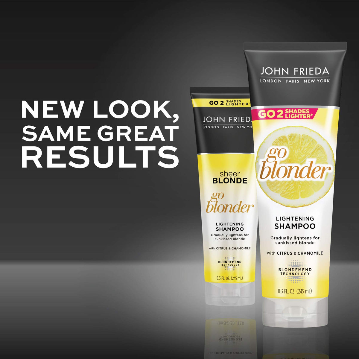 John Frieda Go Blonder next to a hand showing 8.3 oz bottle scale