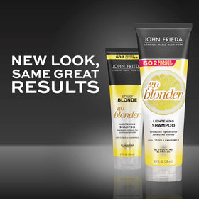 John Frieda Go Blonder next to a hand showing 8.3 oz bottle scale