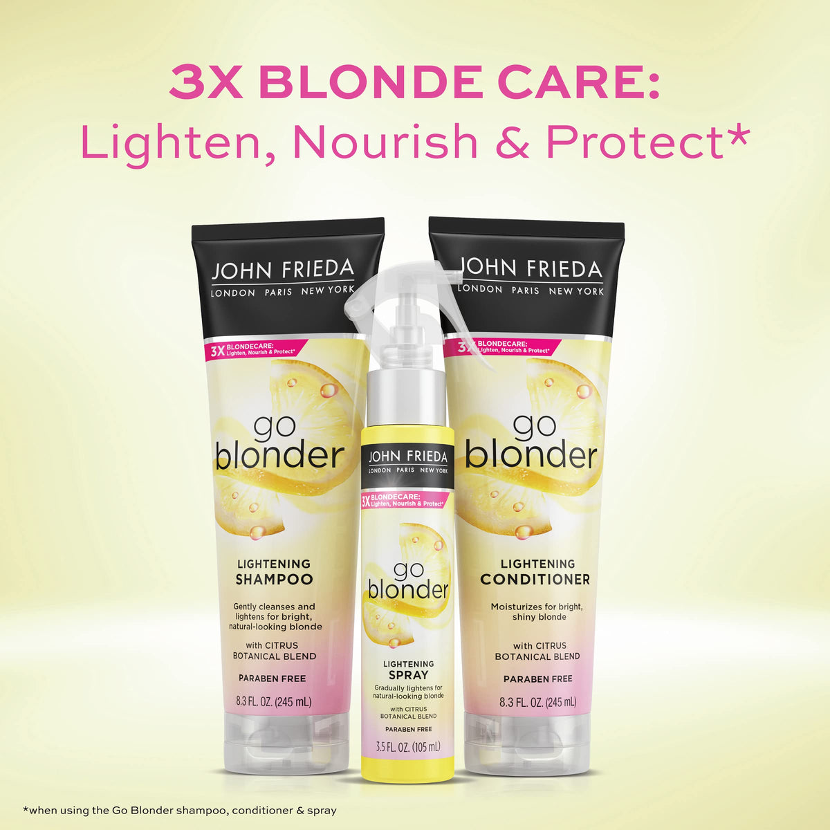 John Frieda bottle beside ruler illustrating 8.3 oz size and scale for reference
