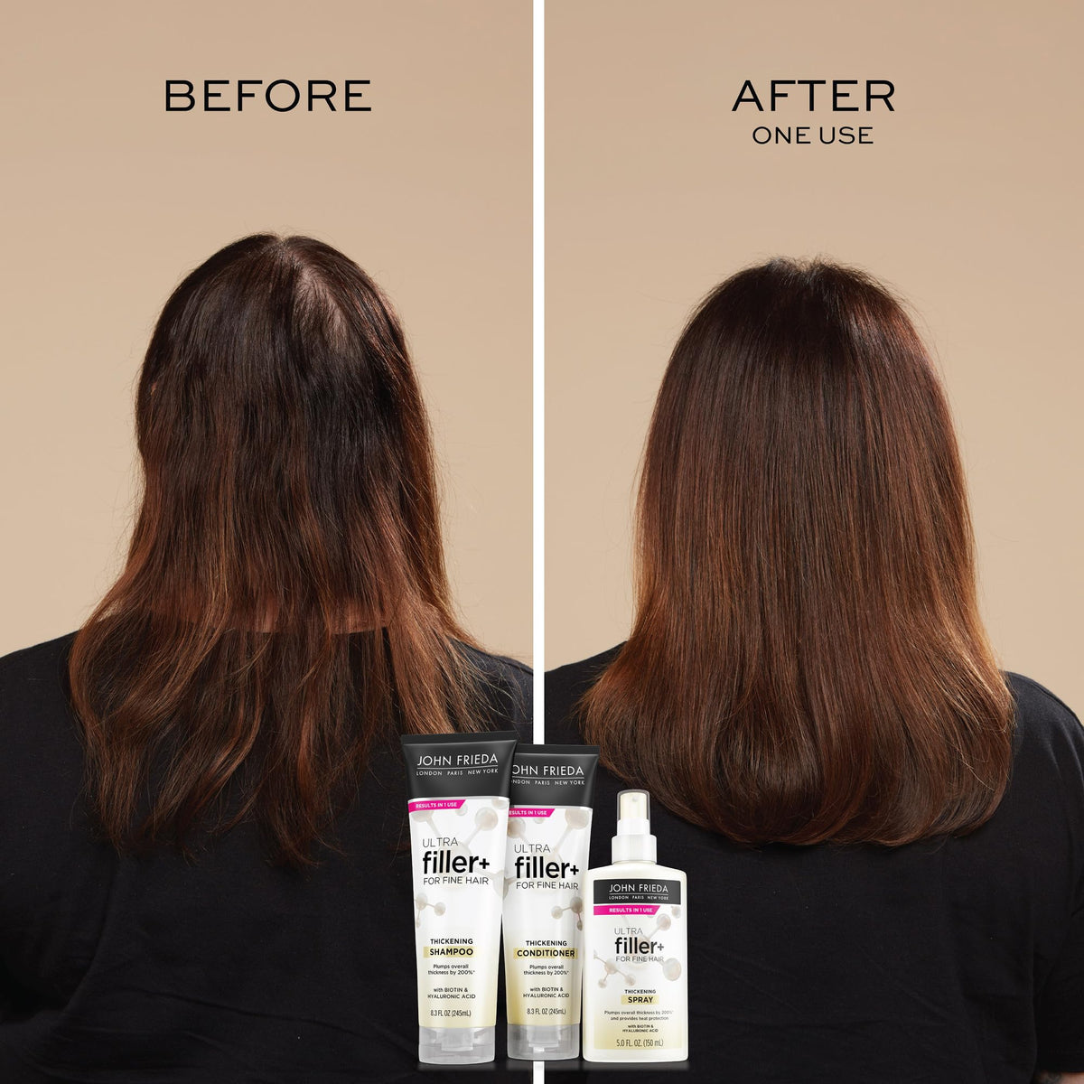 Hand holding John Frieda bottle to show 5 oz scale benefit