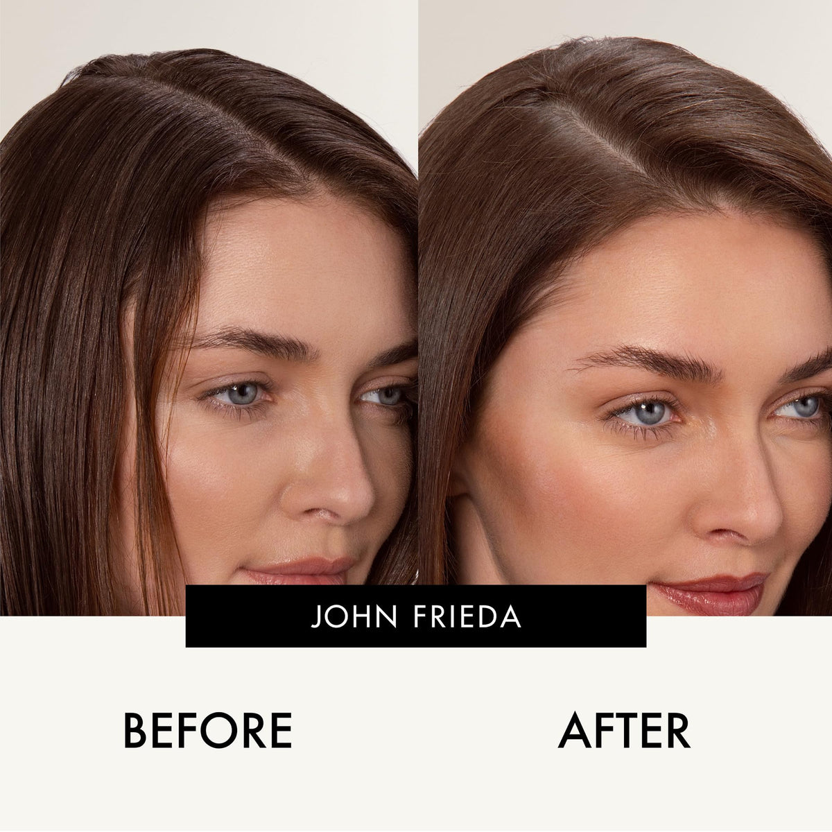 John Frieda in-use spraying roots on brunette hair to absorb oil and add pigment
