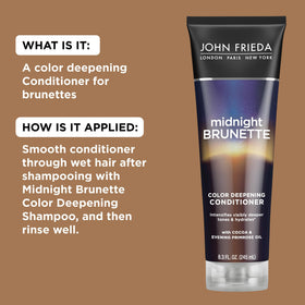 John Frieda styled brunette hair after use showing deeper tone and shine