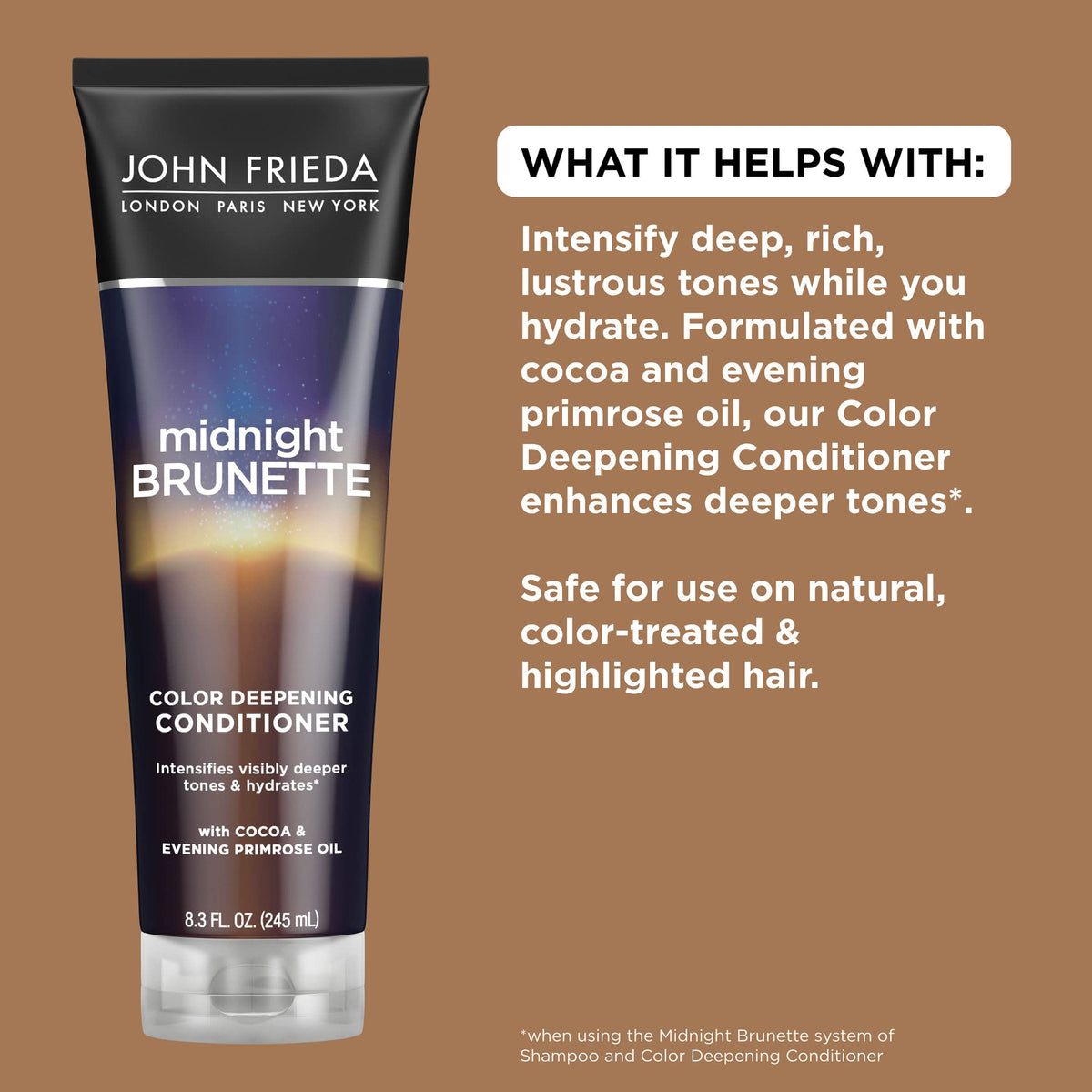 John Frieda cocoa and evening primrose ingredients highlighting natural enrichment