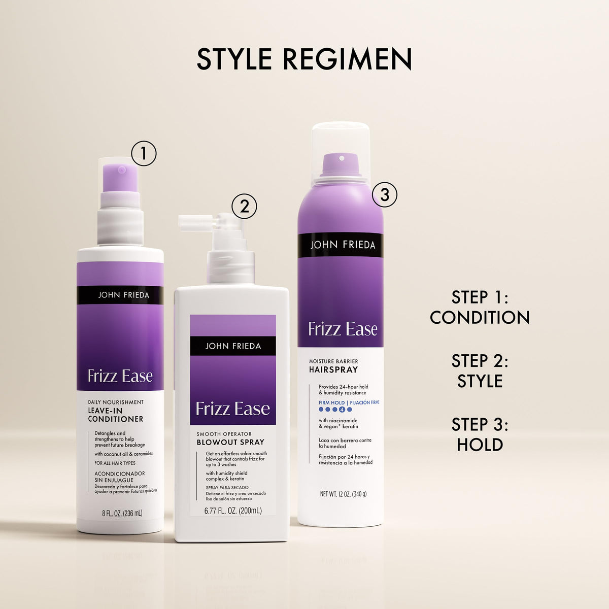 John Frieda can grouped with Frizz Ease shampoo and conditioner for routine benefits