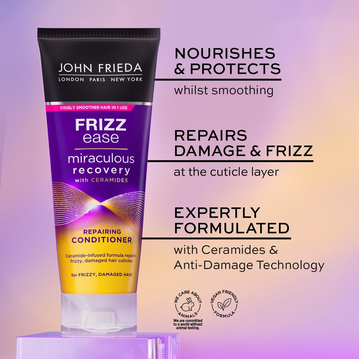 John Frieda cap and label detail highlighting ceramides and repair benefits