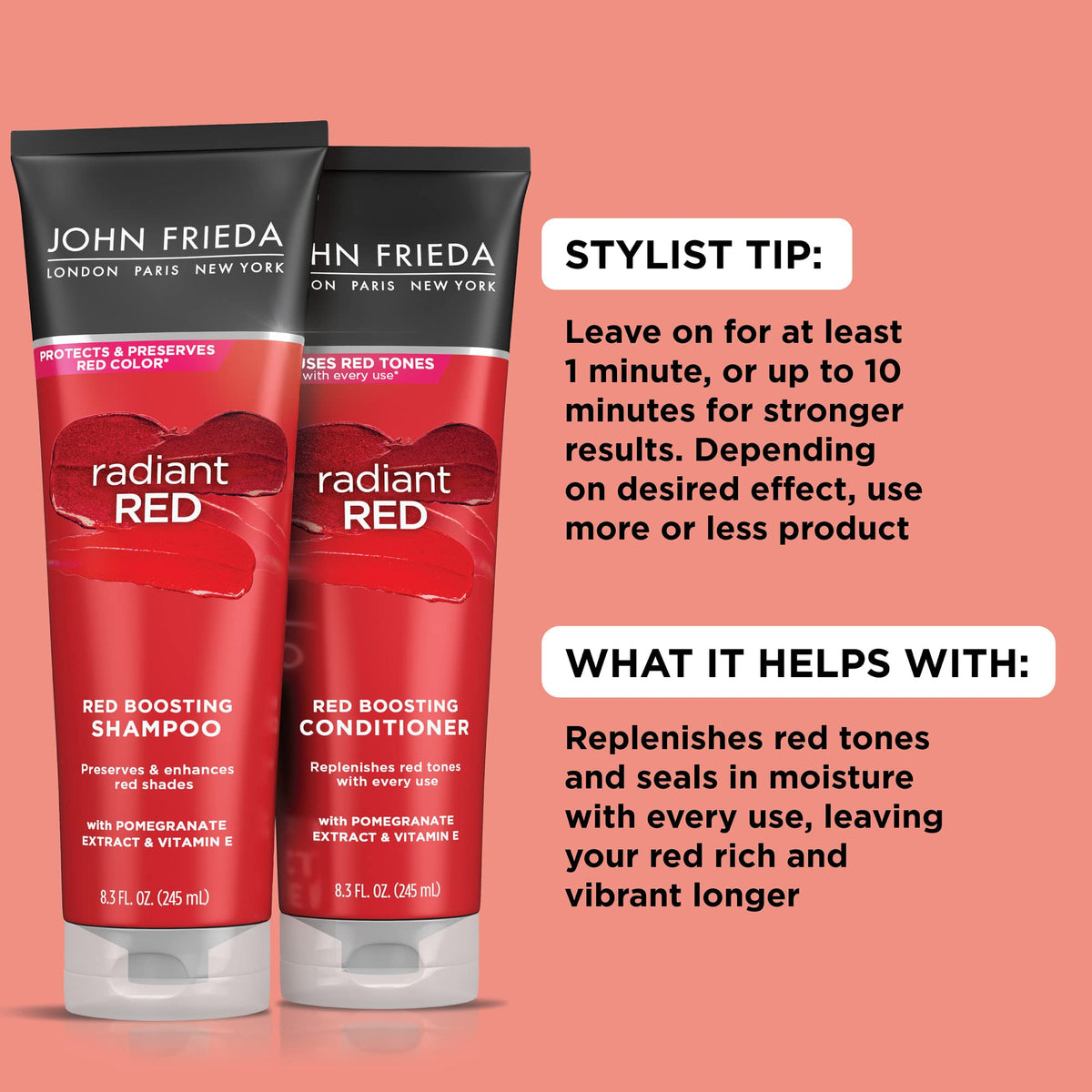 John Frieda label close-up highlighting product benefits and usage