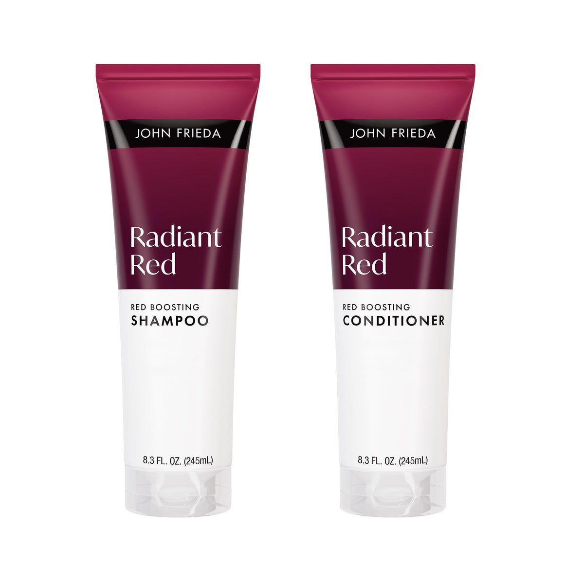 John Frieda radiant red front packaging showing product duo and bright color preservation benefit