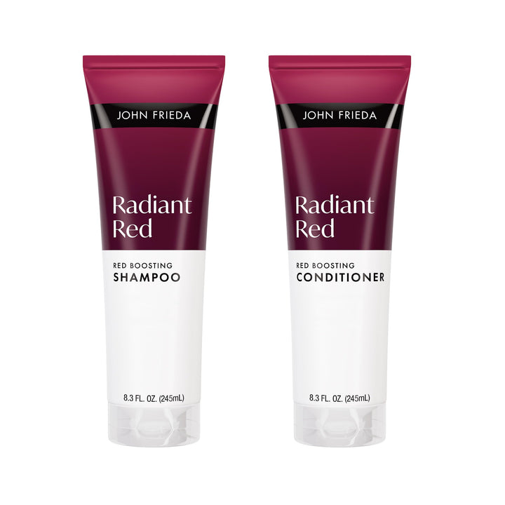 John Frieda radiant red front packaging showing product duo and bright color preservation benefit