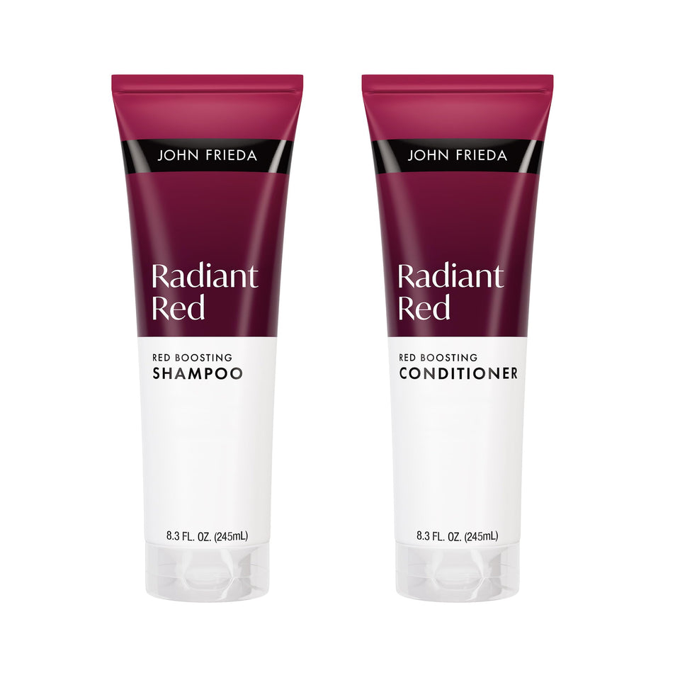 John Frieda radiant red front packaging showing product duo and bright color preservation benefit