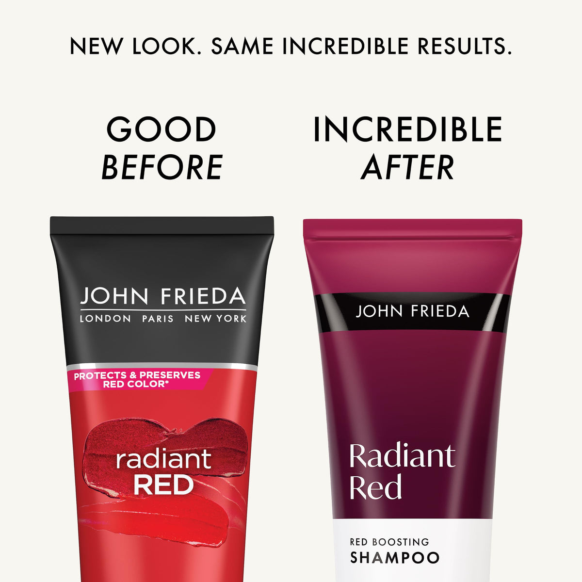 John Frieda radiant red shampoo pump close-up demonstrating easy dispensing and gentle cleanse