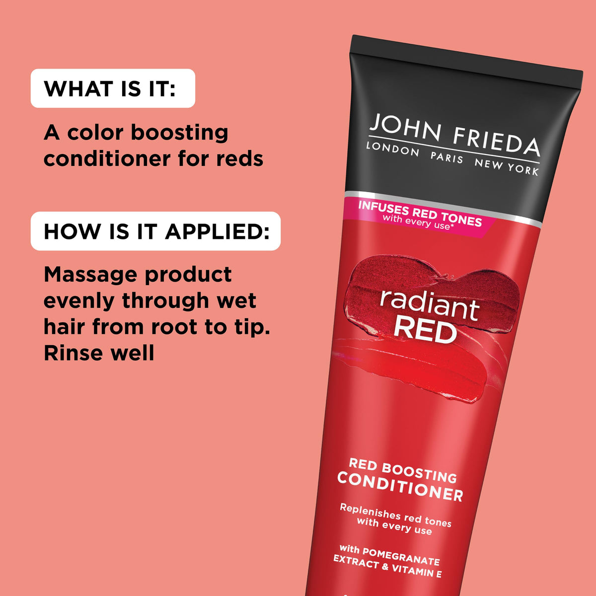 John Frieda 8.3 oz bottle held in hand demonstrating compact size