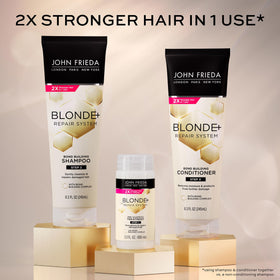 John Frieda bottle poured into hand showing size and usage benefit