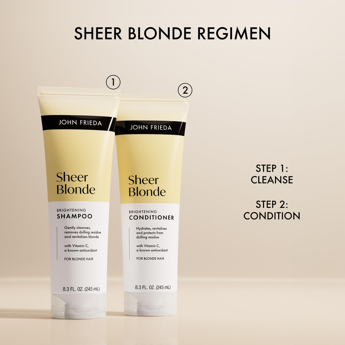 John Frieda on a bathroom shelf lifestyle shot conveying daily routine benefit