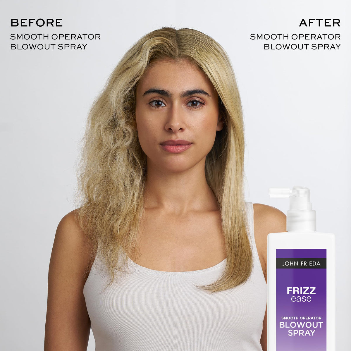 John Frieda before and after blowout showing reduced frizz benefit