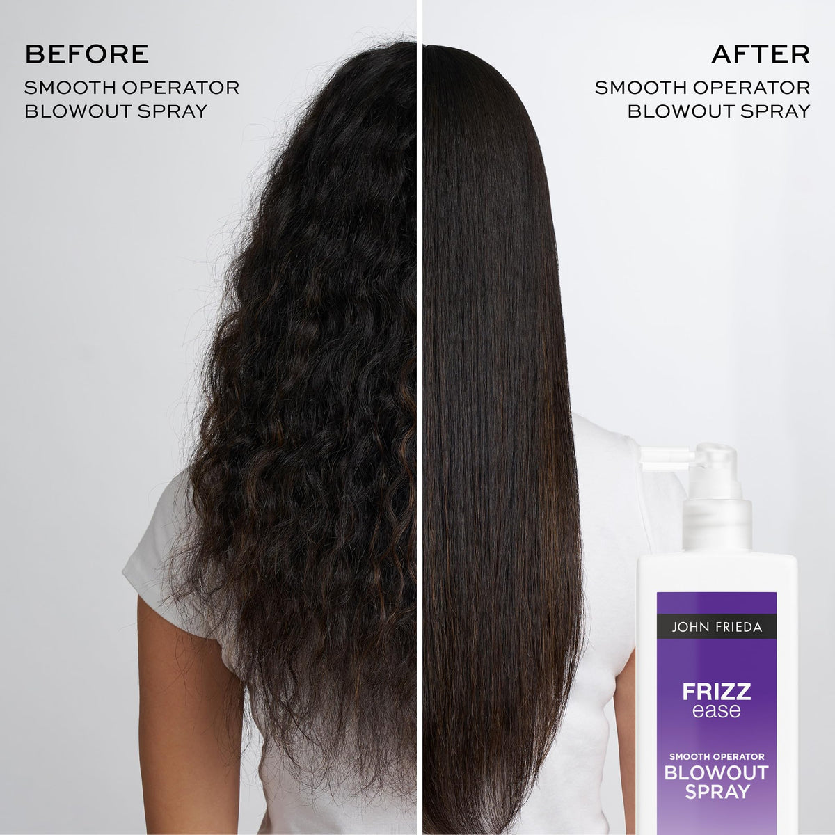 John Frieda bottle in hand for size comparison and travel-friendly benefit