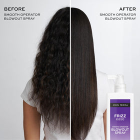 John Frieda bottle in hand for size comparison and travel-friendly benefit