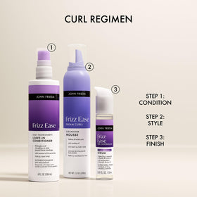 John Frieda styled hair glossy finish illustrating smoother, frizz-reduced results