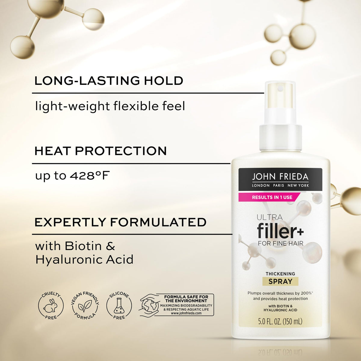 Close-up texture of John Frieda spray on hair for fuller feel