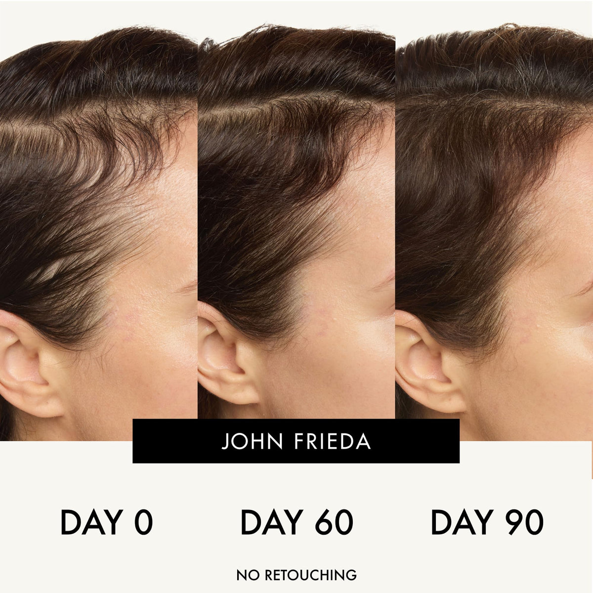 John Frieda applying serum to scalp demonstrating easy massage-in benefit