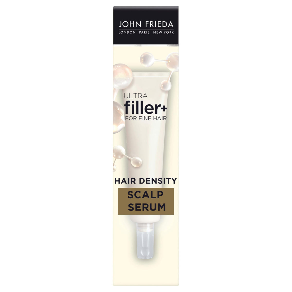 John Frieda bottle front view showing clean design and volumizing benefit
