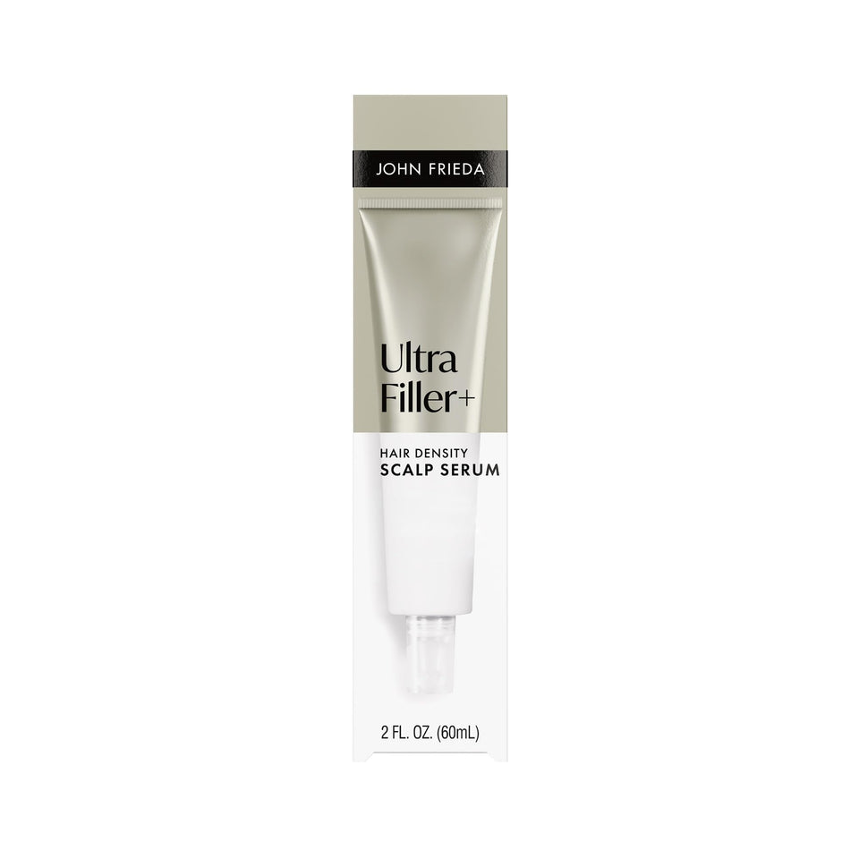 John Frieda bottle front view showing ULTRAfiller+ serum benefit for fuller hair