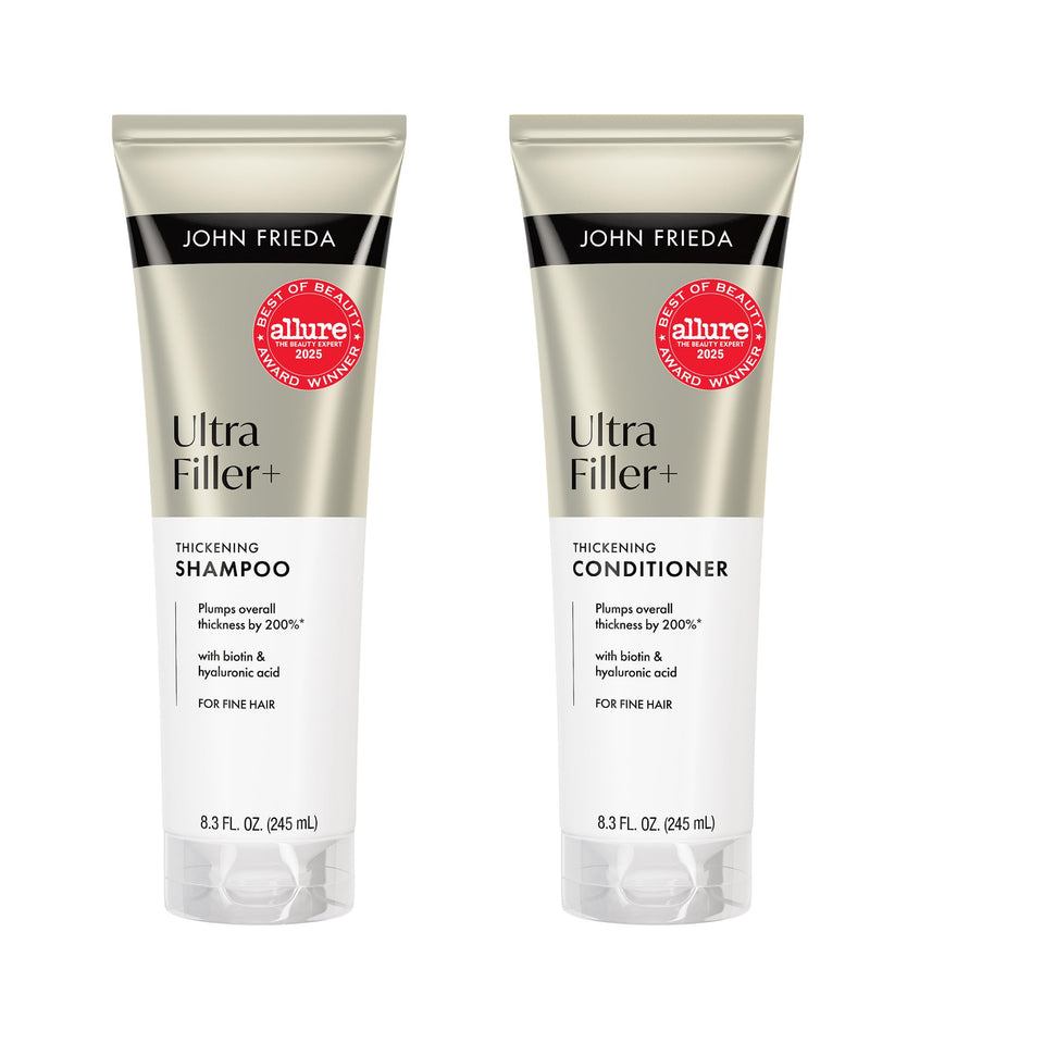John Frieda front packaging showing both shampoo and conditioner for fuller hair