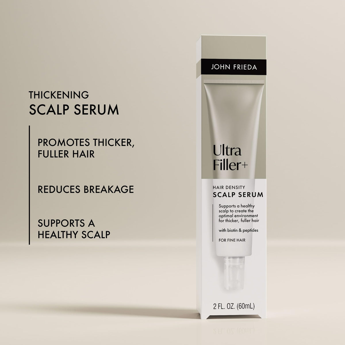 John Frieda ingredient trio graphic with biotin peptides caffeine for root health