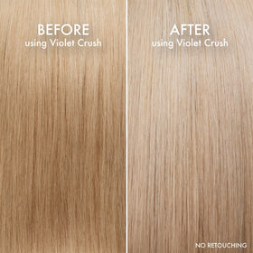 John Frieda before and after blonde hair comparison showing reduced brassiness