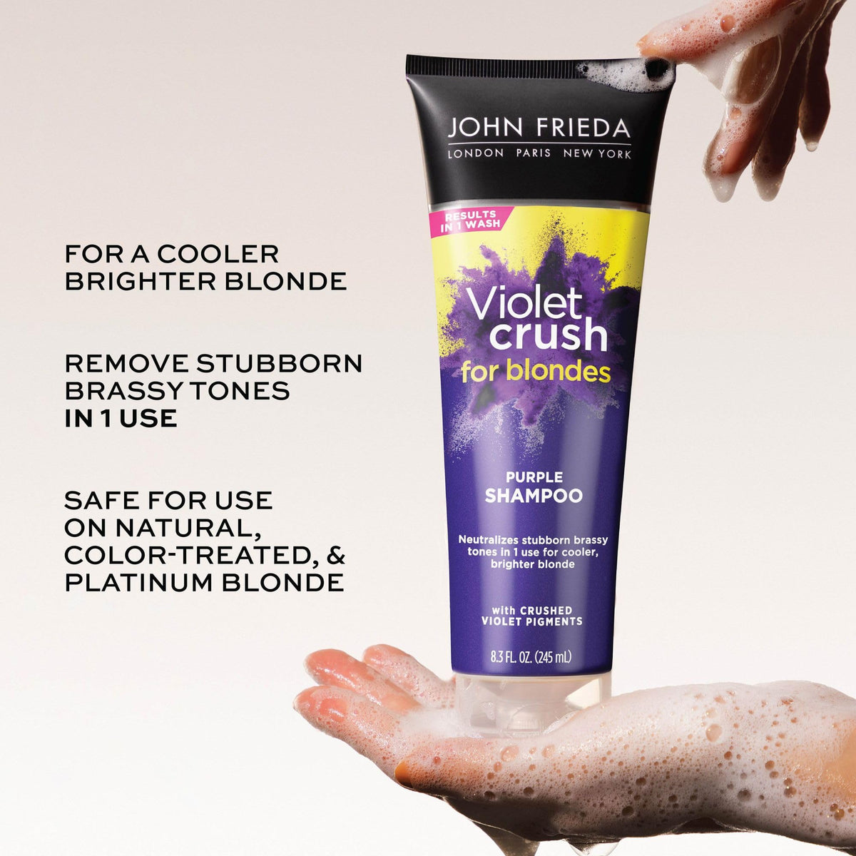 John Frieda close-up label detail highlighting crushed violet pigments