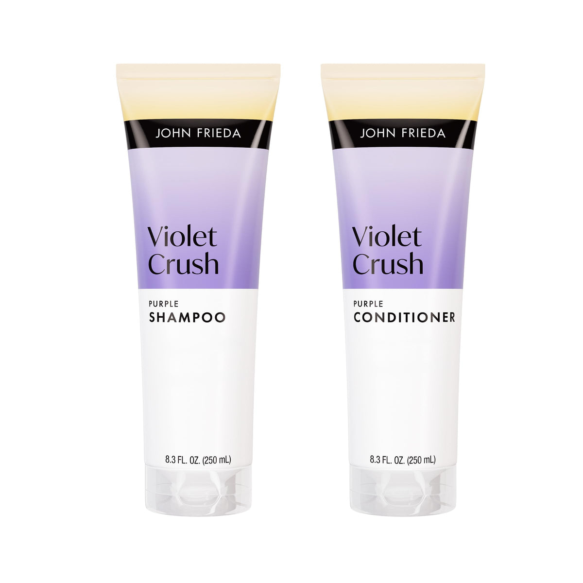 John Frieda front packaging of violet crush shampoo and conditioner showing set benefits