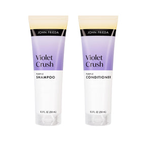 John Frieda front packaging of violet crush shampoo and conditioner showing set benefits