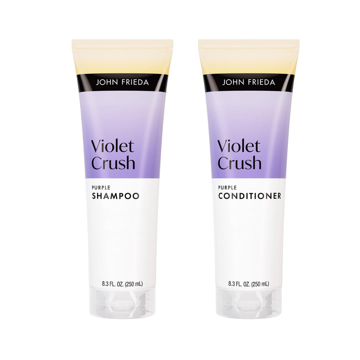 John Frieda front packaging of violet crush shampoo and conditioner showing set benefits