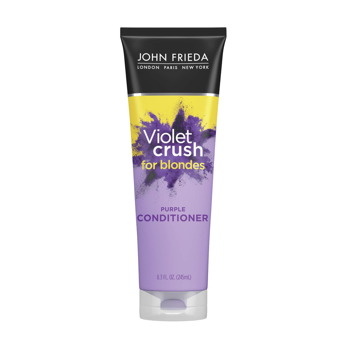 John Frieda front packaging showing purple conditioner for brightening blonde