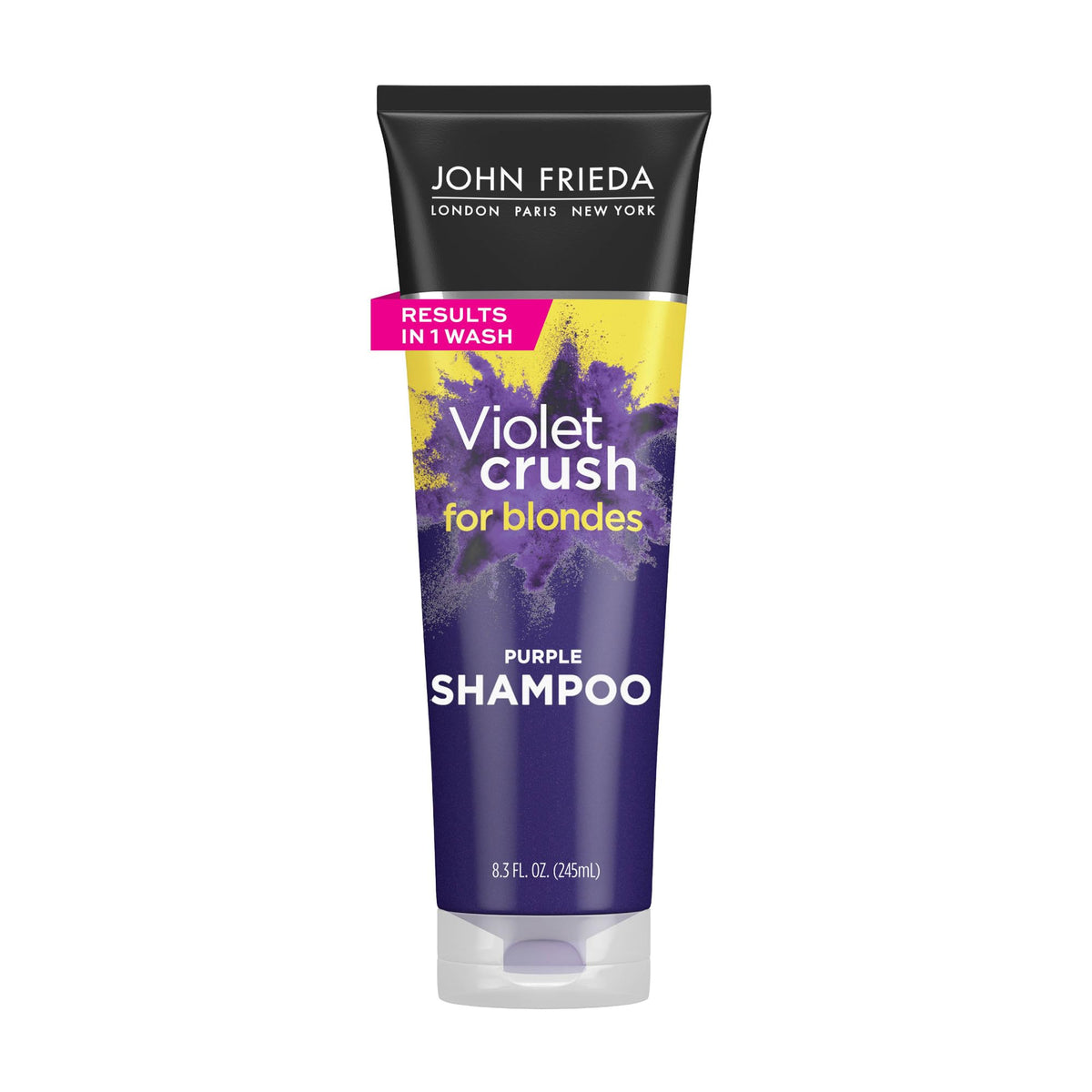 John Frieda bottle front packaging showing purple shampoo benefits